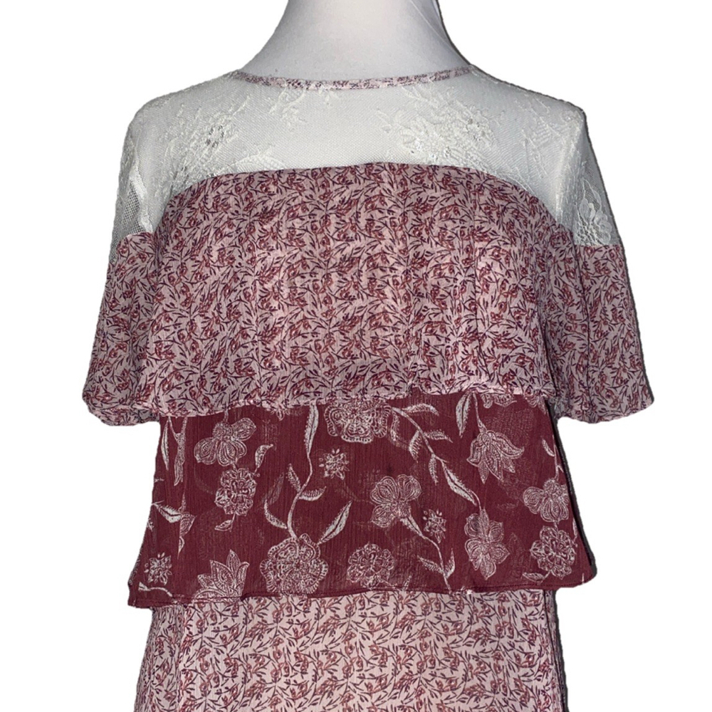 Mason & Belle Burgundy Floral Tiered Blouse White Lace Boho Style Top SZ M